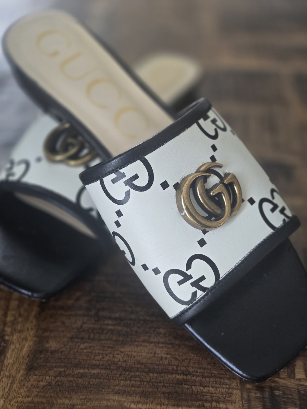 Gucci White & Black GG Logo Slide Mules with Gold Double G